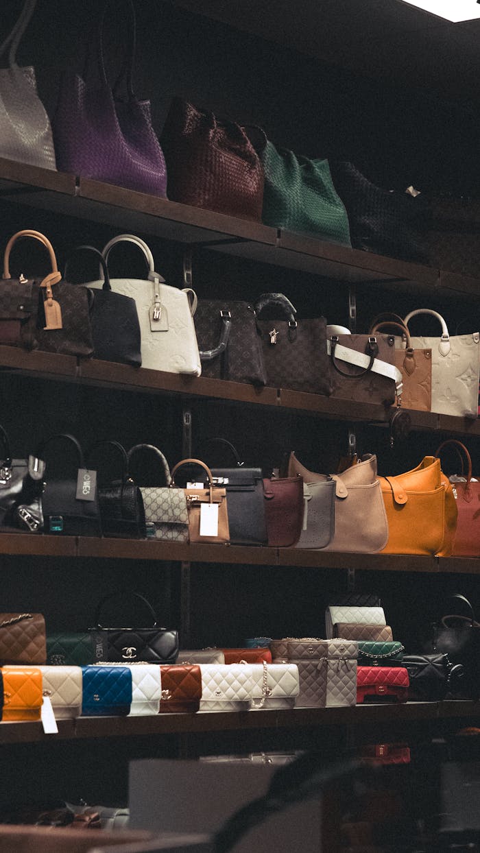 A stylish vertical shot of luxury handbags arranged on shelves in a retail store setting.