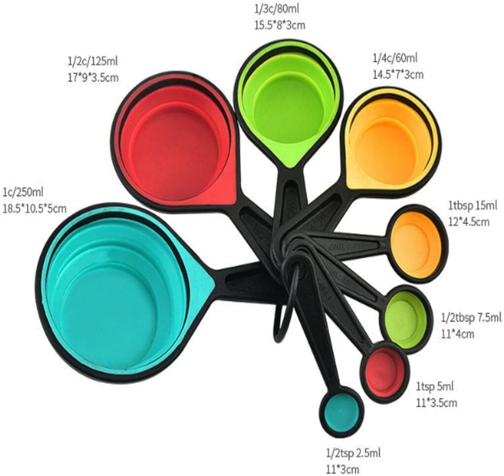 collapsible measuring cups and spoons set, 8 pieces, silicone, adjustable for kitchen, camping1 collapsible measuring cups and spoons set, 8 pieces, silicone, adjustable for kitchen, camping1