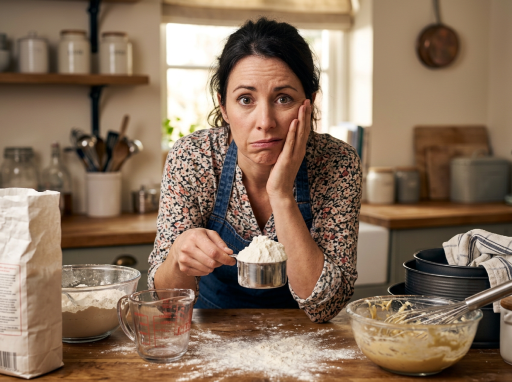 person measuring flour incorrectly packed measuring cup baking mistake concept
