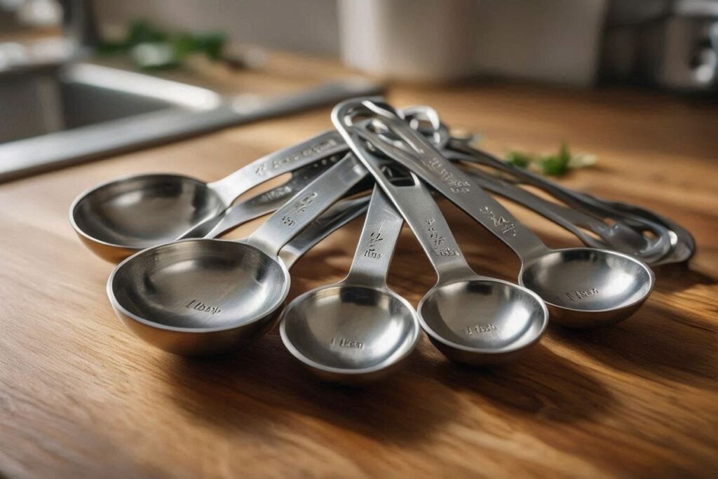 stainless steel measuring spoons with engraved measurements on kitchen counter.g